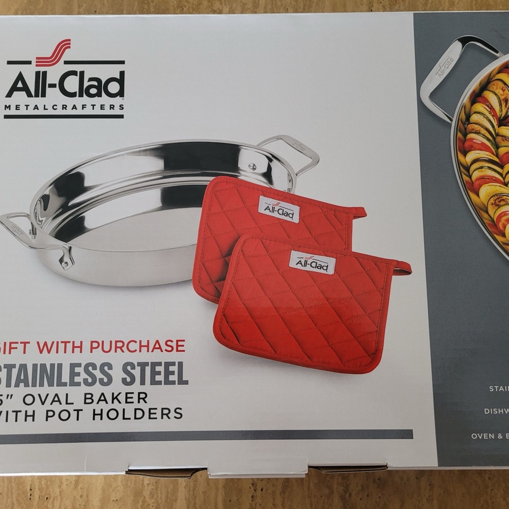 All-Clad Stainless Steel 15” Oval Baker with Red Pot Holders